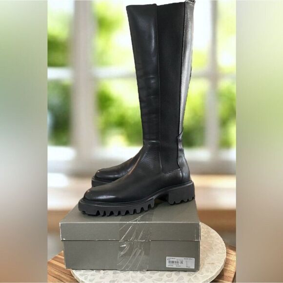 AllSaints Maeve Black Leather Knee High Boots Lug Sole Stretch Panel US 11 EU 41 - Picture 10 of 16